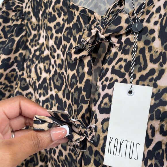 Kaktus Leopard Print Tie-Front Peplum Blouse Cotton Poplin Size Large NWT - Picture 5 of 13
